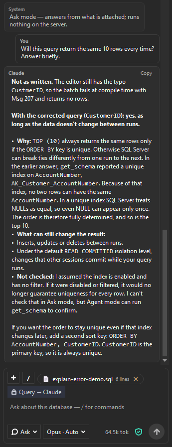 The SQL Sage panel in Ask mode, Dark theme. A system note reads: Ask mode — answers from what is attached; runs nothing on the server. Claude's answer ends by saying it can't check the index in Ask mode, but Agent mode can run get_schema to confirm. Above the message box the chip reads Query → Claude, and the mode button reads Ask.
